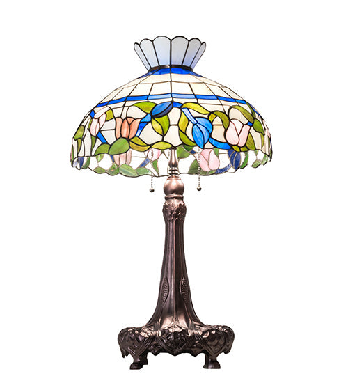 Meyda Lighting Rose Vine 33" 3-Light Mahogany Bronze Table Lamp With Multi-Colored Shade Glass