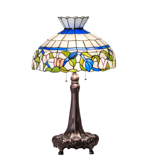 Meyda Lighting Rose Vine 33" 3-Light Mahogany Bronze Table Lamp With Multi-Colored Shade Glass