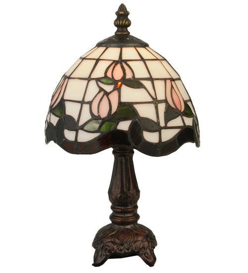 Meyda Lighting Roseborder 12" Mahogany Bronze Mini Table Lamp With Multi-Colored Shade Glass