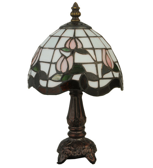 Meyda Lighting Roseborder 12" Mahogany Bronze Mini Table Lamp With Multi-Colored Shade Glass