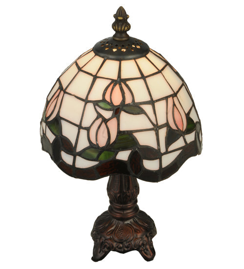 Meyda Lighting Roseborder 12" Mahogany Bronze Mini Table Lamp With Multi-Colored Shade Glass