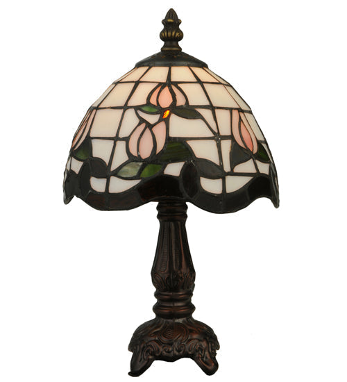 Meyda Lighting Roseborder 12" Mahogany Bronze Mini Table Lamp With Multi-Colored Shade Glass