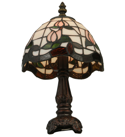 Meyda Lighting Roseborder 12" Mahogany Bronze Mini Table Lamp With Multi-Colored Shade Glass
