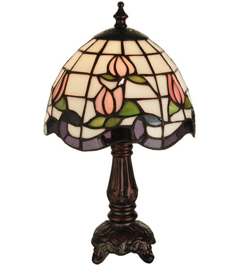 Meyda Lighting Roseborder 12" Mahogany Bronze Mini Table Lamp With Multi-Colored Shade Glass