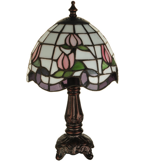 Meyda Lighting Roseborder 12" Mahogany Bronze Mini Table Lamp With Multi-Colored Shade Glass