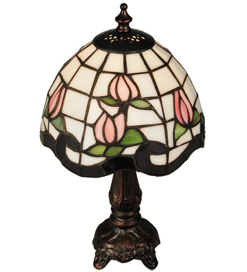 Meyda Lighting Roseborder 12" Mahogany Bronze Mini Table Lamp With Multi-Colored Shade Glass