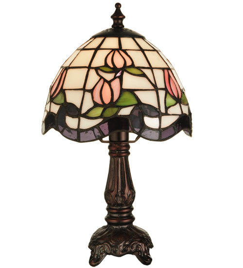 Meyda Lighting Roseborder 12" Mahogany Bronze Mini Table Lamp With Multi-Colored Shade Glass