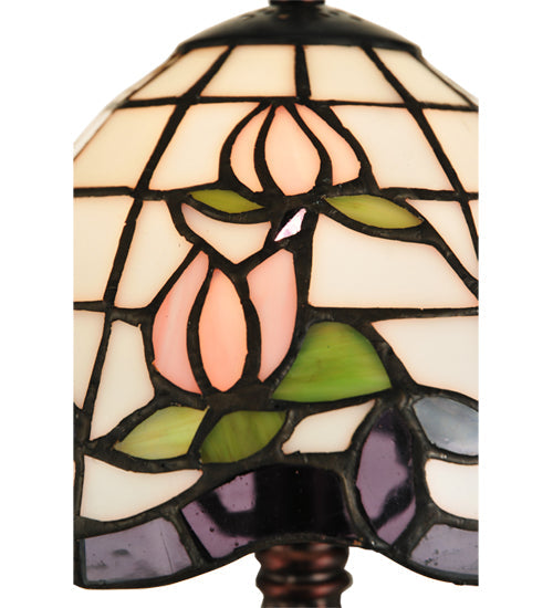 Meyda Lighting Roseborder 12" Mahogany Bronze Mini Table Lamp With Multi-Colored Shade Glass