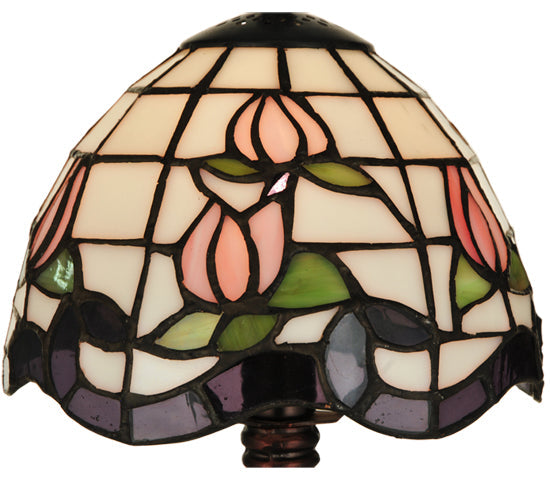 Meyda Lighting Roseborder 12" Mahogany Bronze Mini Table Lamp With Multi-Colored Shade Glass