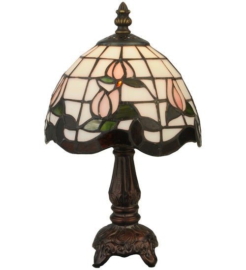 Meyda Lighting Roseborder 12" Mahogany Bronze Mini Table Lamp With Multi-Colored Shade Glass