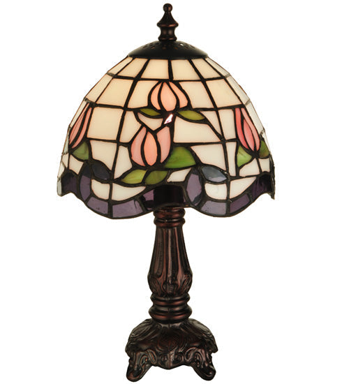 Meyda Lighting Roseborder 12" Mahogany Bronze Mini Table Lamp With Multi-Colored Shade Glass
