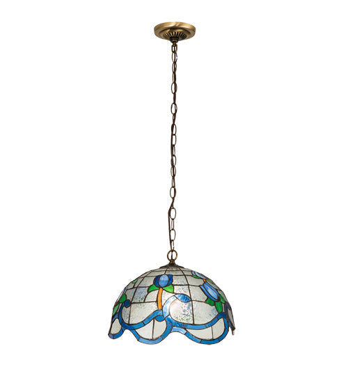 Meyda Lighting Roseborder 14" Antique Brass Pendant Light With Multi-Colored Shade Glass