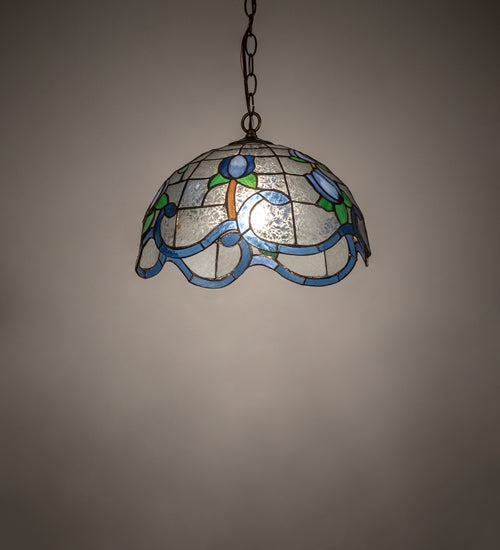 Meyda Lighting Roseborder 14" Antique Brass Pendant Light With Multi-Colored Shade Glass