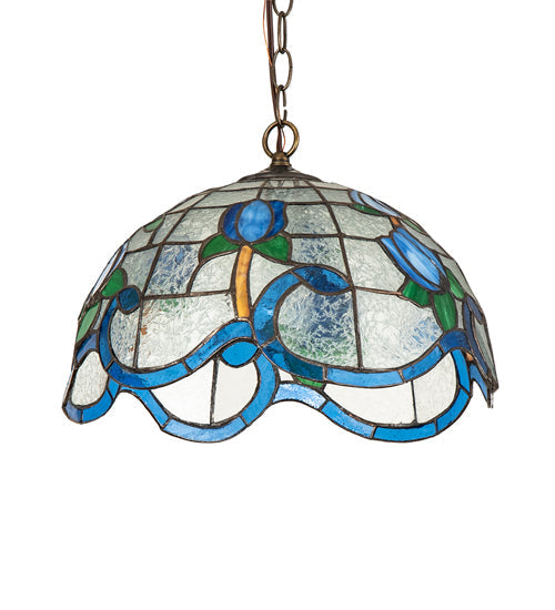 Meyda Lighting Roseborder 14" Antique Brass Pendant Light With Multi-Colored Shade Glass