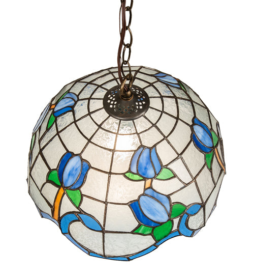 Meyda Lighting Roseborder 14" Antique Brass Pendant Light With Multi-Colored Shade Glass