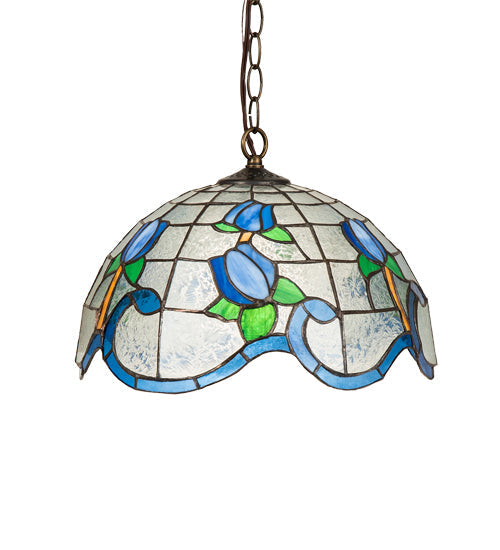 Meyda Lighting Roseborder 14" Antique Brass Pendant Light With Multi-Colored Shade Glass