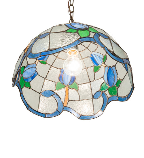 Meyda Lighting Roseborder 14" Antique Brass Pendant Light With Multi-Colored Shade Glass