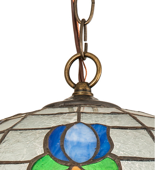 Meyda Lighting Roseborder 14" Antique Brass Pendant Light With Multi-Colored Shade Glass