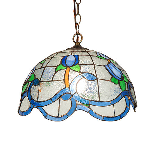 Meyda Lighting Roseborder 14" Antique Brass Pendant Light With Multi-Colored Shade Glass