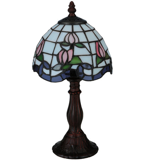 Meyda Lighting Roseborder 14" Mahogany Bronze Mini Table Lamp With Multi-Colored Shade Glass