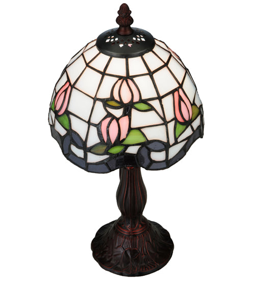 Meyda Lighting Roseborder 14" Mahogany Bronze Mini Table Lamp With Multi-Colored Shade Glass