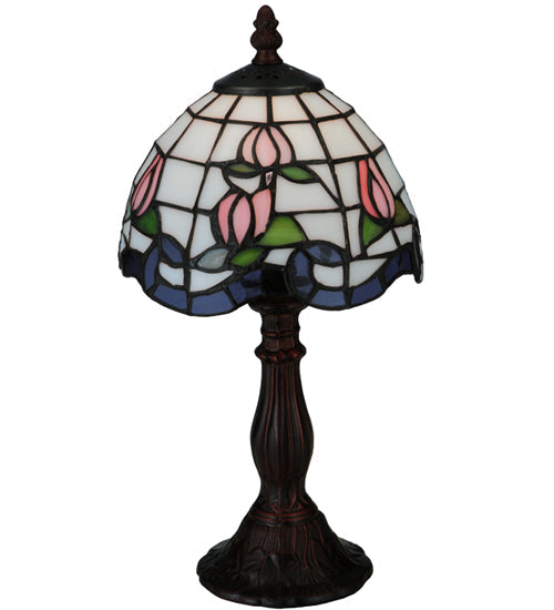 Meyda Lighting Roseborder 14" Mahogany Bronze Mini Table Lamp With Multi-Colored Shade Glass