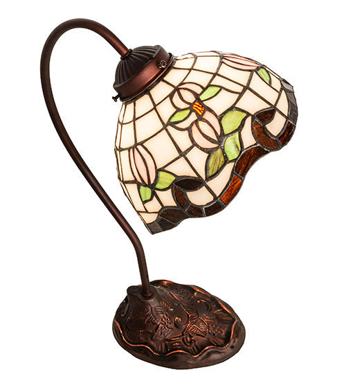 Meyda Lighting Roseborder 18" Mahogany Bronze Desk Table Lamp With Multi-Colored Shade Glass