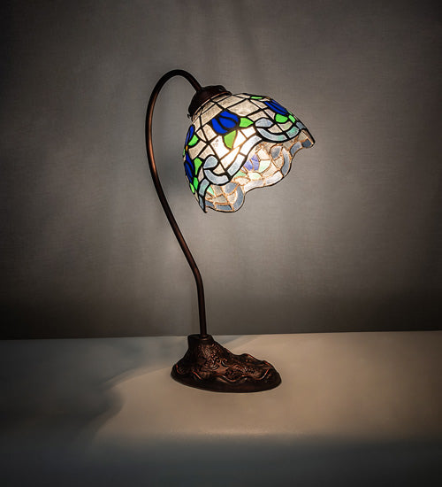 Meyda Lighting Roseborder 18" Mahogany Bronze Desk Table Lamp With Multi-Colored Stained Shade Glass