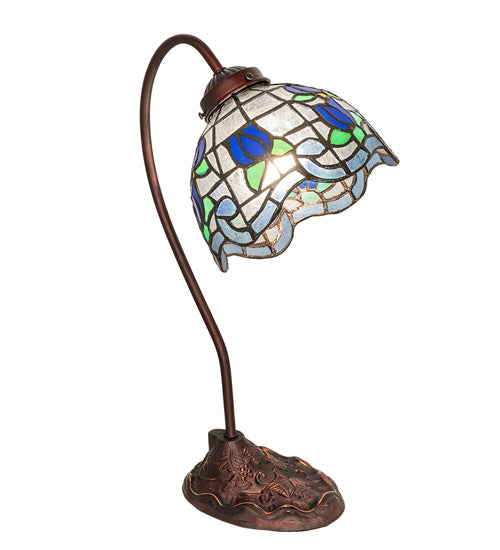 Meyda Lighting Roseborder 18" Mahogany Bronze Desk Table Lamp With Multi-Colored Stained Shade Glass