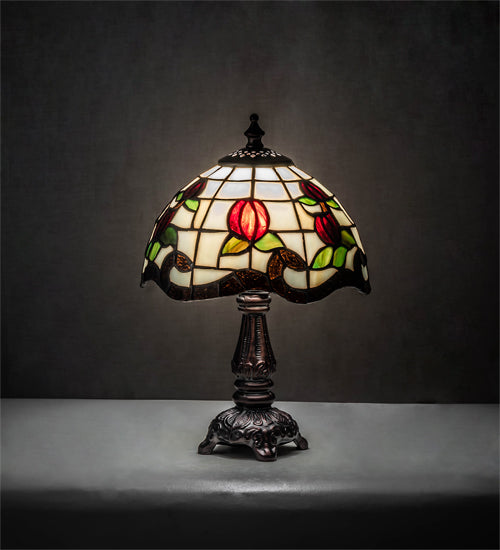 Meyda Lighting Roseborder 19189 12" Mahogany Bronze Mini Table Lamp With Multi-Colored Shade Glass
