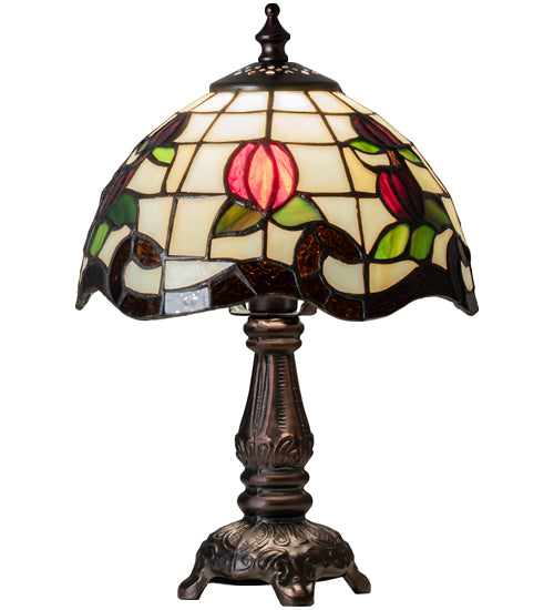 Meyda Lighting Roseborder 19189 12" Mahogany Bronze Mini Table Lamp With Multi-Colored Shade Glass