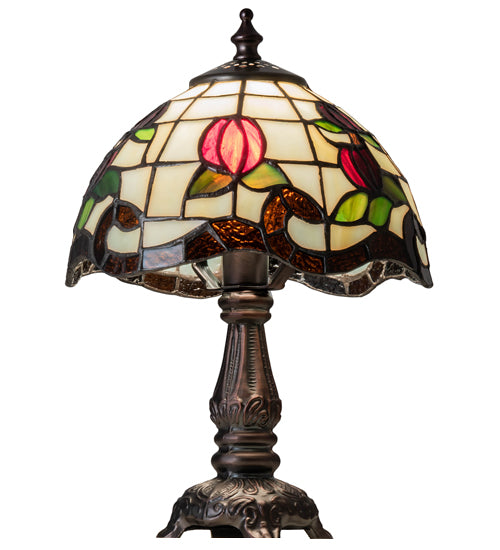 Meyda Lighting Roseborder 19189 12" Mahogany Bronze Mini Table Lamp With Multi-Colored Shade Glass