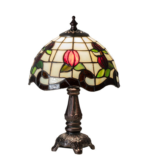 Meyda Lighting Roseborder 19189 12" Mahogany Bronze Mini Table Lamp With Multi-Colored Shade Glass