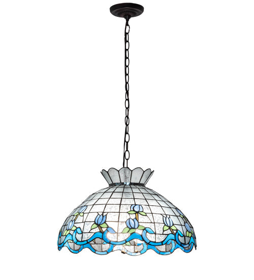 Meyda Lighting Roseborder 20" 3-Light Mahogany Bronze Pendant Light With Multi-Colored Stained Shade Glass