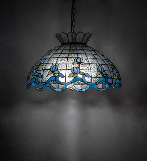 Meyda Lighting Roseborder 20" 3-Light Mahogany Bronze Pendant Light With Multi-Colored Stained Shade Glass