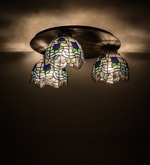 Meyda Lighting Roseborder 20" 3-Light Oil Rubbed Bronze Flush Mount Light With Multi-Colored Shade Glass