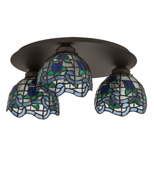 Meyda Lighting Roseborder 20" 3-Light Oil Rubbed Bronze Flush Mount Light With Multi-Colored Shade Glass