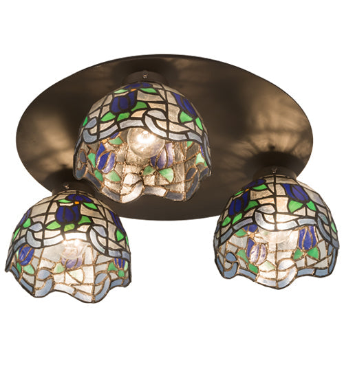 Meyda Lighting Roseborder 20" 3-Light Oil Rubbed Bronze Flush Mount Light With Multi-Colored Shade Glass