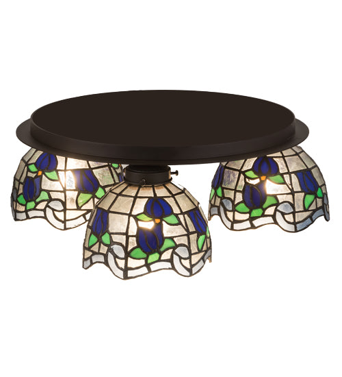 Meyda Lighting Roseborder 20" 3-Light Oil Rubbed Bronze Flush Mount Light With Multi-Colored Shade Glass