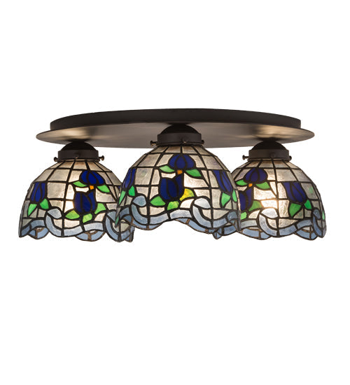 Meyda Lighting Roseborder 20" 3-Light Oil Rubbed Bronze Flush Mount Light With Multi-Colored Shade Glass