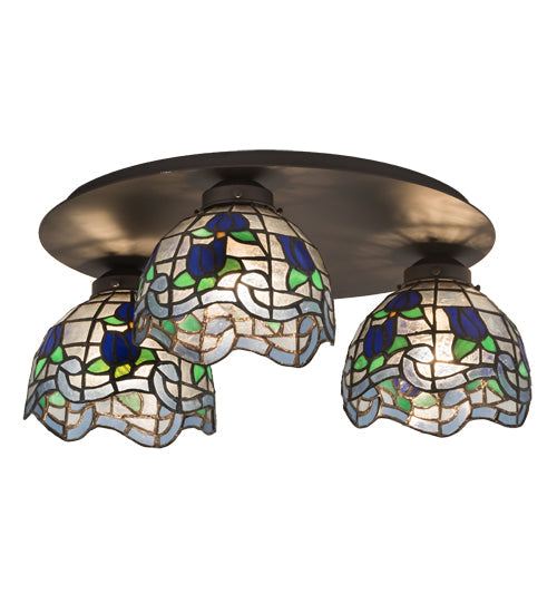 Meyda Lighting Roseborder 20" 3-Light Oil Rubbed Bronze Flush Mount Light With Multi-Colored Shade Glass