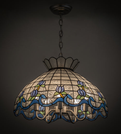 Meyda Lighting Roseborder 20" 5-Light Nickel Pendant Light With Multi-Colored Shade Glass