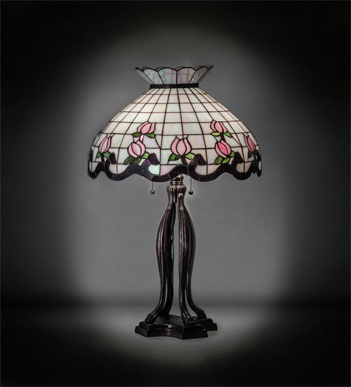 Meyda Lighting Roseborder 228791 32" 3-Light Mahogany Bronze Table Lamp With Multi-Colored Shade Glass