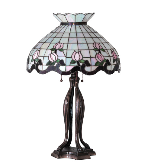 Meyda Lighting Roseborder 228791 32" 3-Light Mahogany Bronze Table Lamp With Multi-Colored Shade Glass