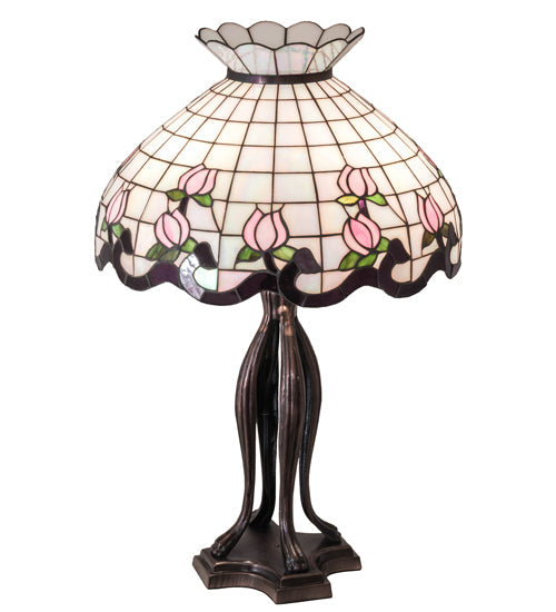 Meyda Lighting Roseborder 228791 32" 3-Light Mahogany Bronze Table Lamp With Multi-Colored Shade Glass