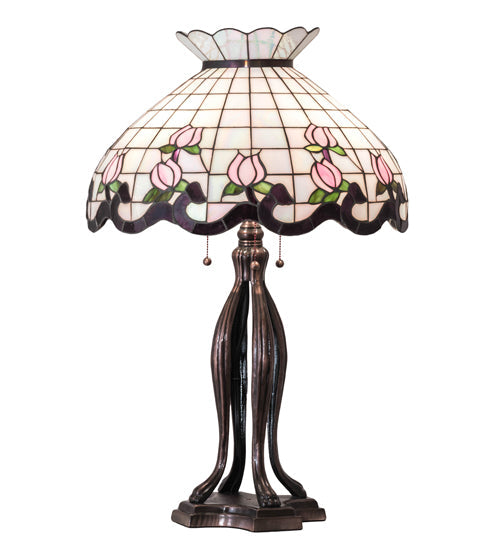 Meyda Lighting Roseborder 228791 32" 3-Light Mahogany Bronze Table Lamp With Multi-Colored Shade Glass
