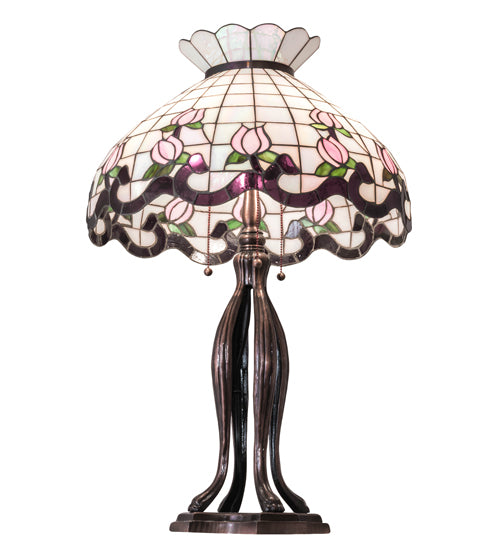 Meyda Lighting Roseborder 228791 32" 3-Light Mahogany Bronze Table Lamp With Multi-Colored Shade Glass