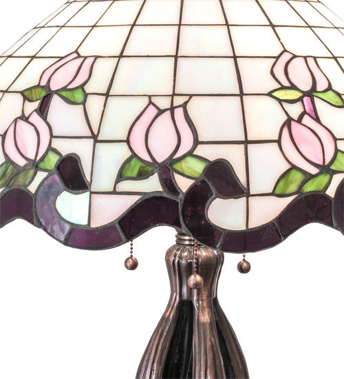 Meyda Lighting Roseborder 228791 32" 3-Light Mahogany Bronze Table Lamp With Multi-Colored Shade Glass