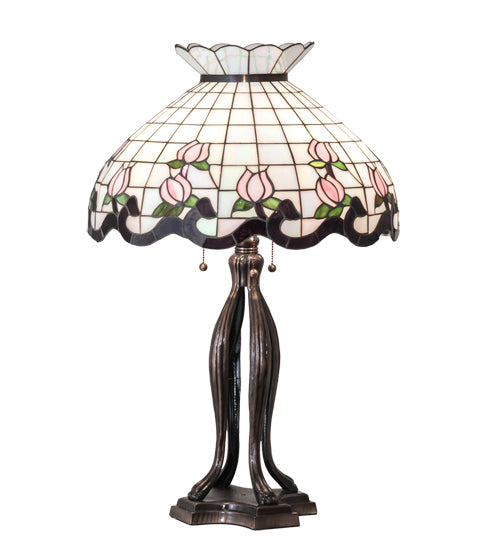 Meyda Lighting Roseborder 228791 32" 3-Light Mahogany Bronze Table Lamp With Multi-Colored Shade Glass