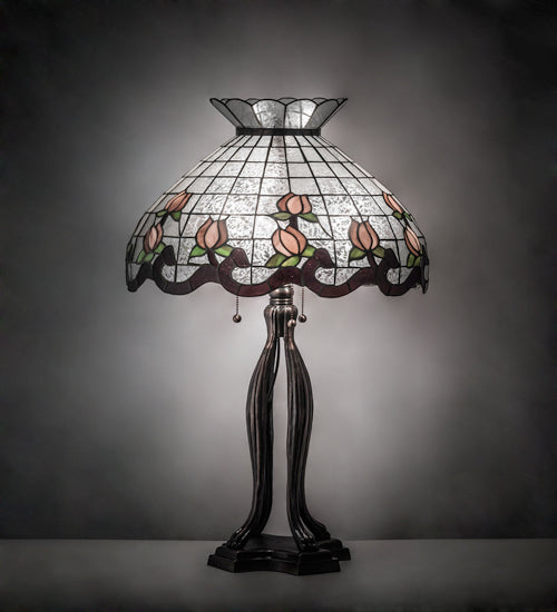 Meyda Lighting Roseborder 228799 32" 3-Light Mahogany Bronze Table Lamp With Multi-Colored Shade Glass